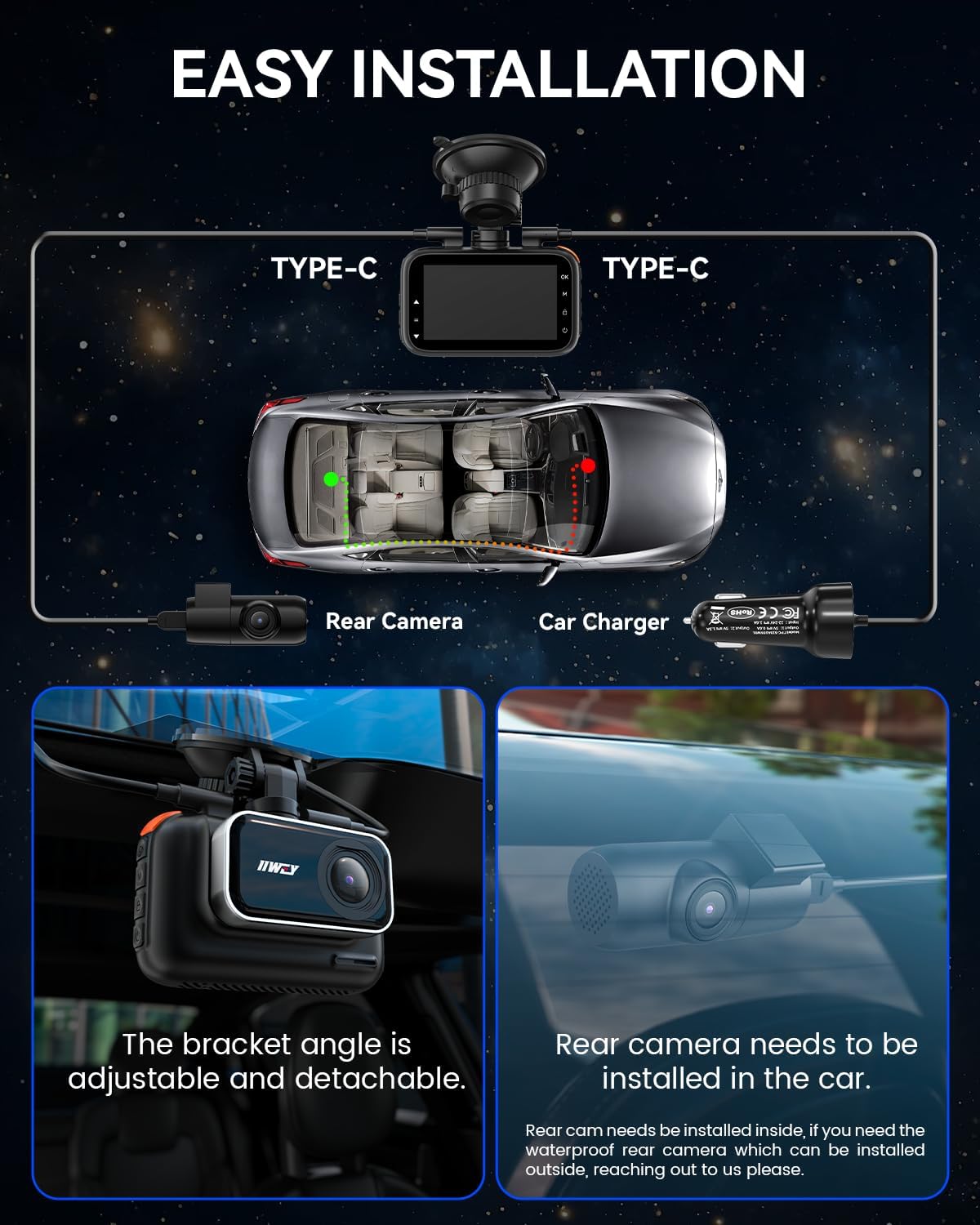 IIWEY Dual Channel 4K Dash Cam Front Rear, 3 Inch IPS Screen, 5G WiFi 64GB SD Card Included, 4K 2160P Dash Camera for Car, Dual Camera HDR Night Vision, 24H Parking Mode, 170° Wide Angle View (Q5)
