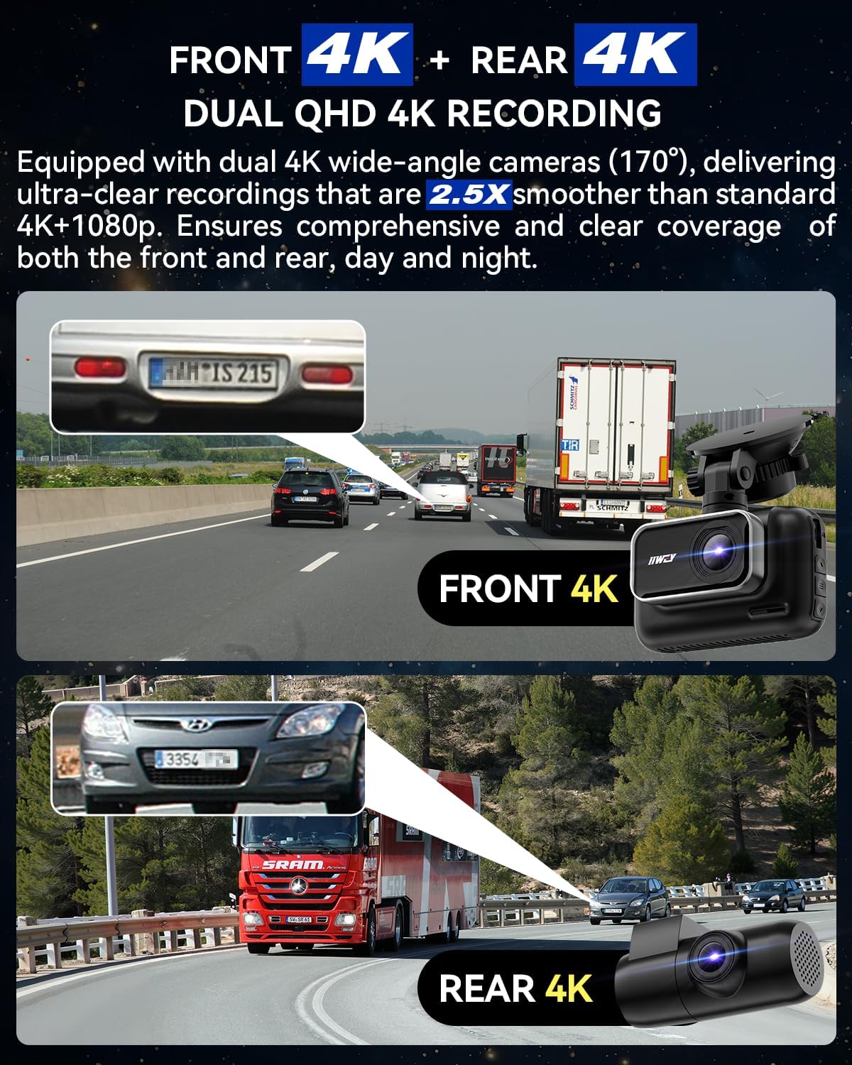 IIWEY Dual Channel 4K Dash Cam Front Rear, 3 Inch IPS Screen, 5G WiFi 64GB SD Card Included, 4K 2160P Dash Camera for Car, Dual Camera HDR Night Vision, 24H Parking Mode, 170° Wide Angle View (Q5)