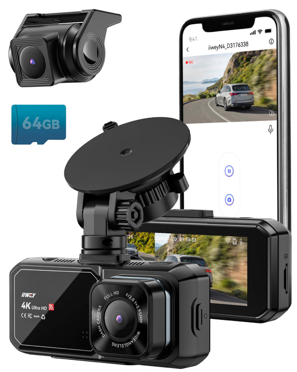 Dash Cam Front and Rear, 4K UHD Dual Dash Camera for Cars, 3.16" IPS Dashboard Camera Recorder Built-in WiFi & APP Control, with Free 64GB SD Card, 24H/7 Parking Mode, WDR, Supercapacitor