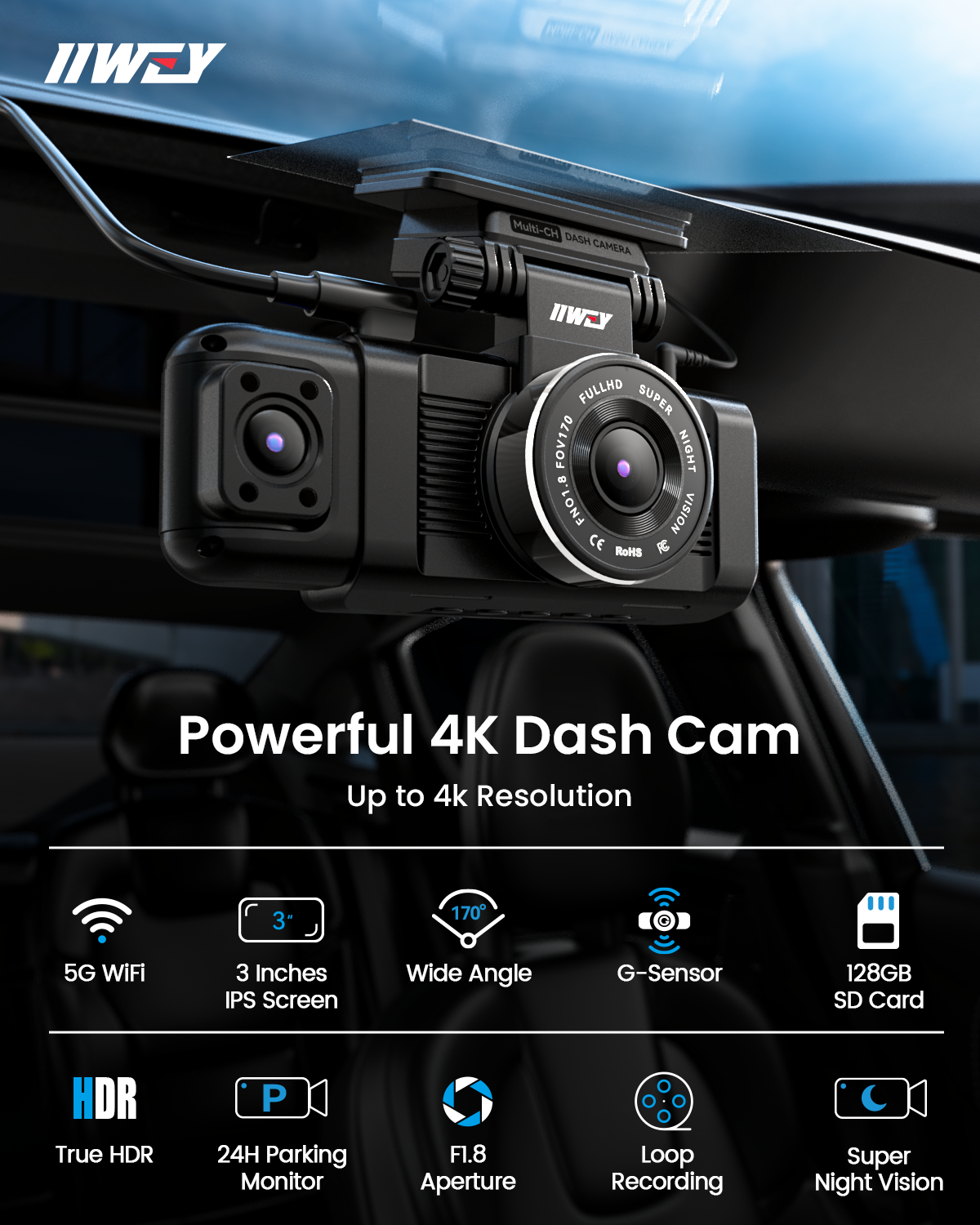 iiwey N7 3 Channel Dash Cam Front and Rear Inside 3K+1080P+1080P with 128GB SD Card, 4K+1080P Dual Dash cam Front and Inside 5GHz WiFi, Rotatable Side Camera for Car, 24/7 Recording, IR Night Vision