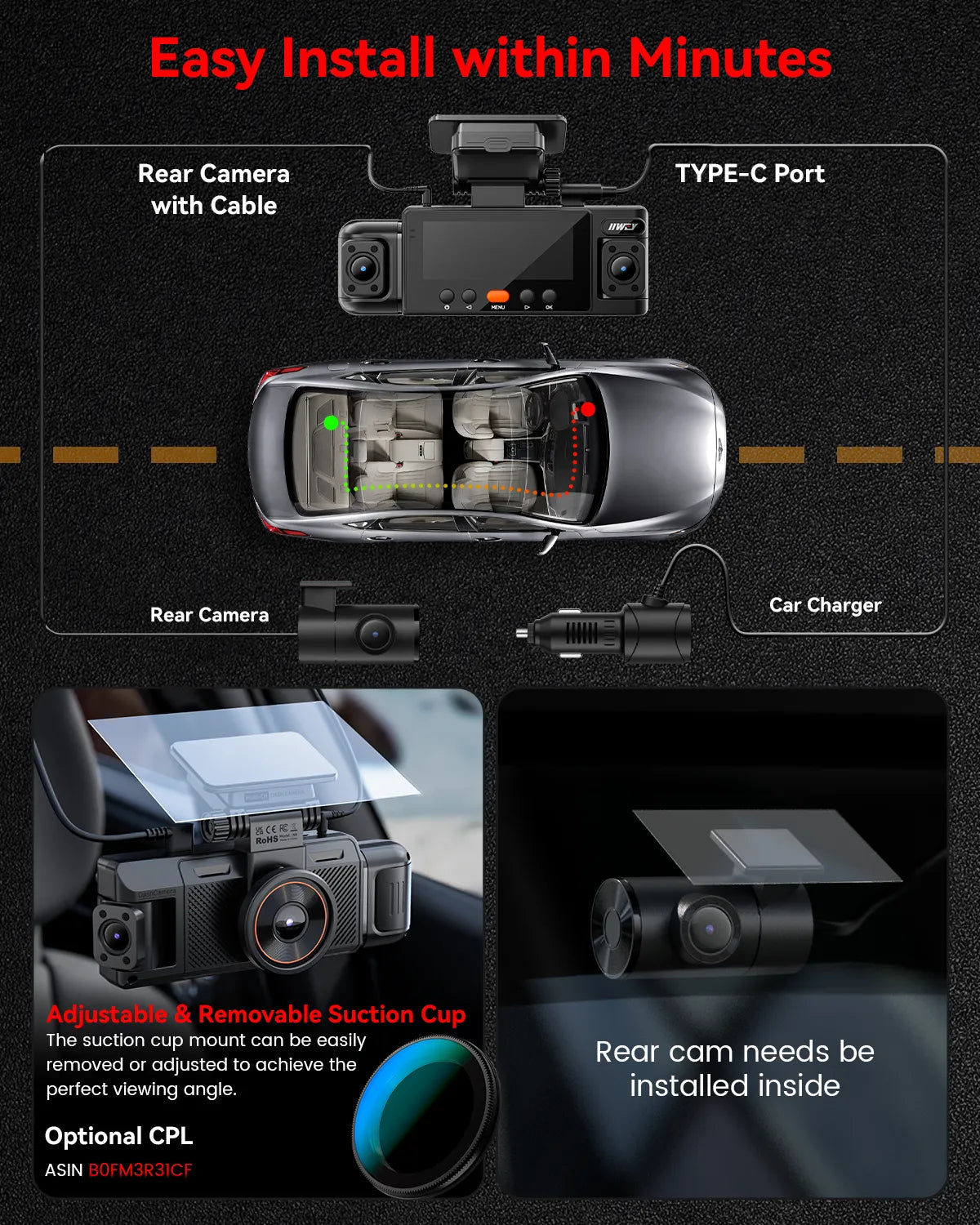IIWEY N6 360° Dash Cam (4-Channel) | Front, Rear & Inside Car Camera with WiFi-6 & GPS