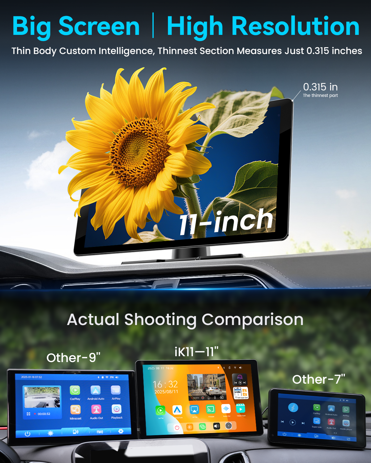 IIWEY iK11 11" Wireless Apple CarPlay Screen with Android Auto, 4K Dash Cam & 1080P Backup Camera