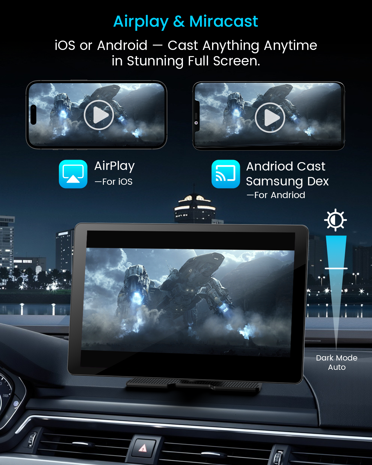 IIWEY iK11 11" Wireless Apple CarPlay Screen with Android Auto, 4K Dash Cam & 1080P Backup Camera
