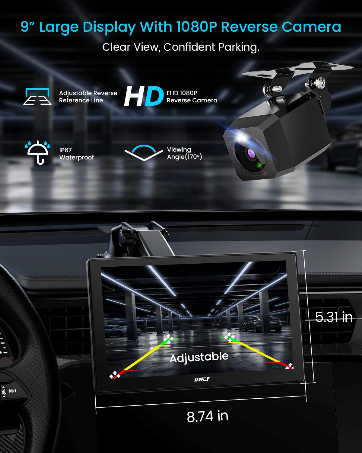 IK5 9" Wireless Apple CarPlay & Android Auto Screen, Portable Car Stereo with 4K Dash Cam & 1080p Backup Camera, Add CarPlay to Any Vehicle, Touchscreen, GPS, Mirror Link