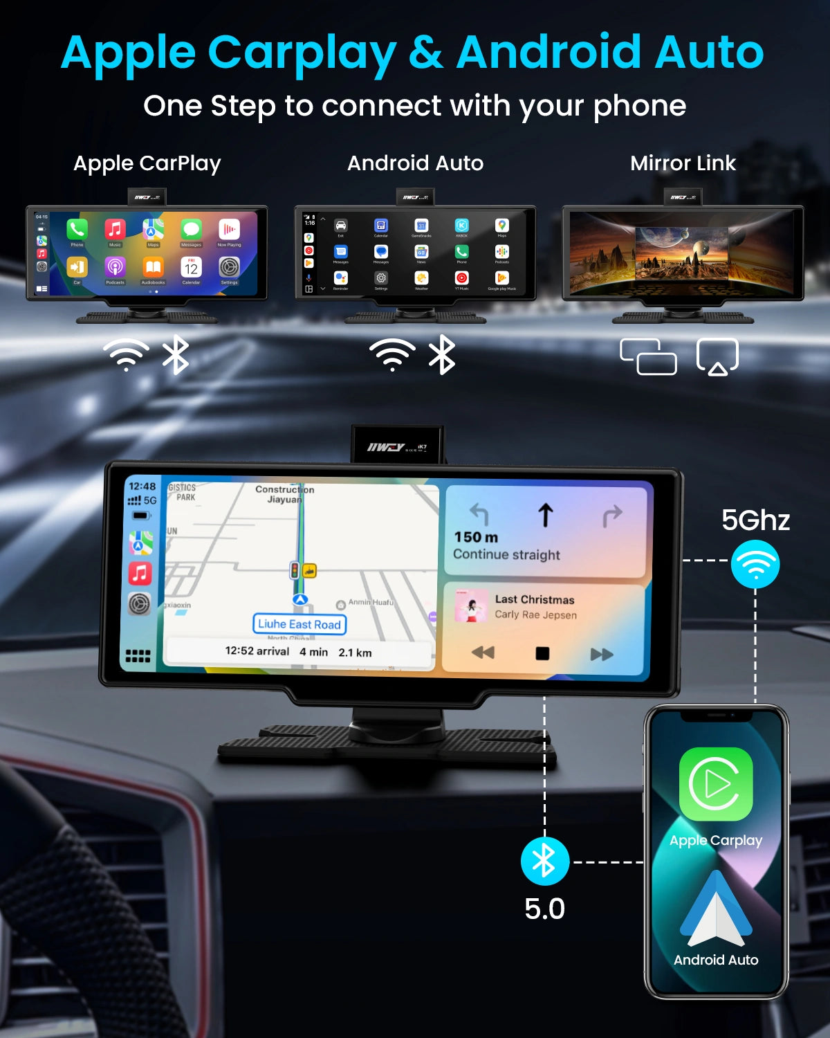 IIWEY 10" Portable Apple CarPlay Screen with Wireless Android Auto, 4K Dash Cam & 1080P Backup Camera