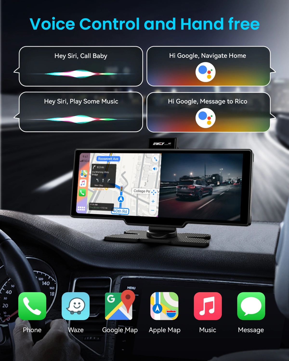 IIWEY 10" Portable Apple CarPlay Screen with Wireless Android Auto, 4K Dash Cam & 1080P Backup Camera