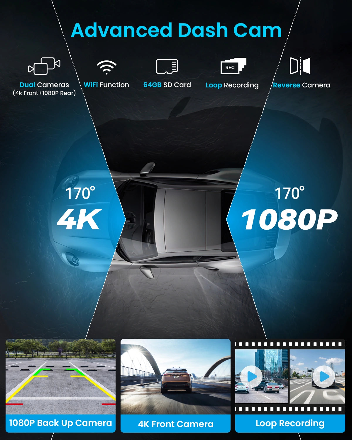 IIWEY 10" Portable Apple CarPlay Screen with Wireless Android Auto, 4K Dash Cam & 1080P Backup Camera