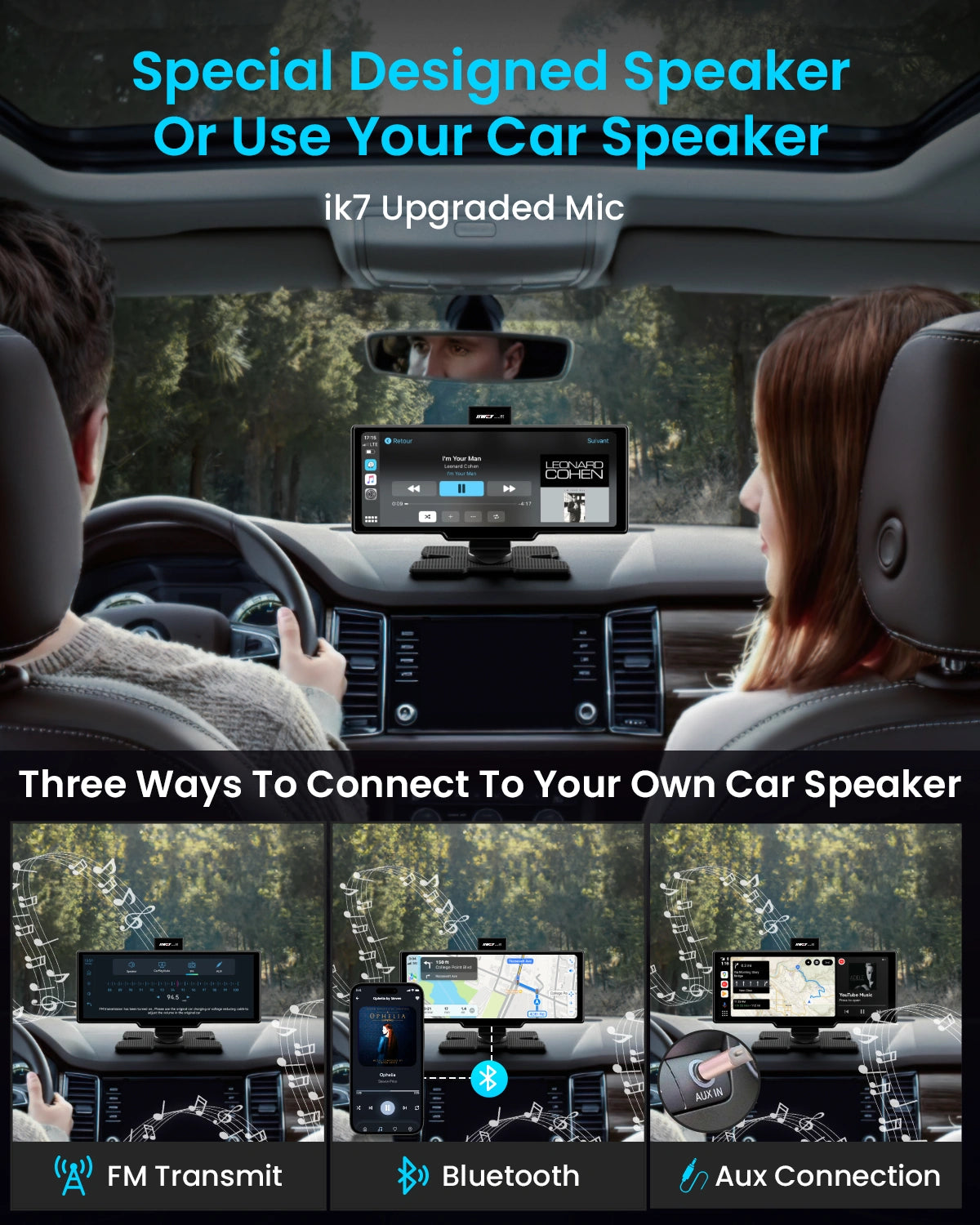 IIWEY 10" Portable Apple CarPlay Screen with Wireless Android Auto, 4K Dash Cam & 1080P Backup Camera