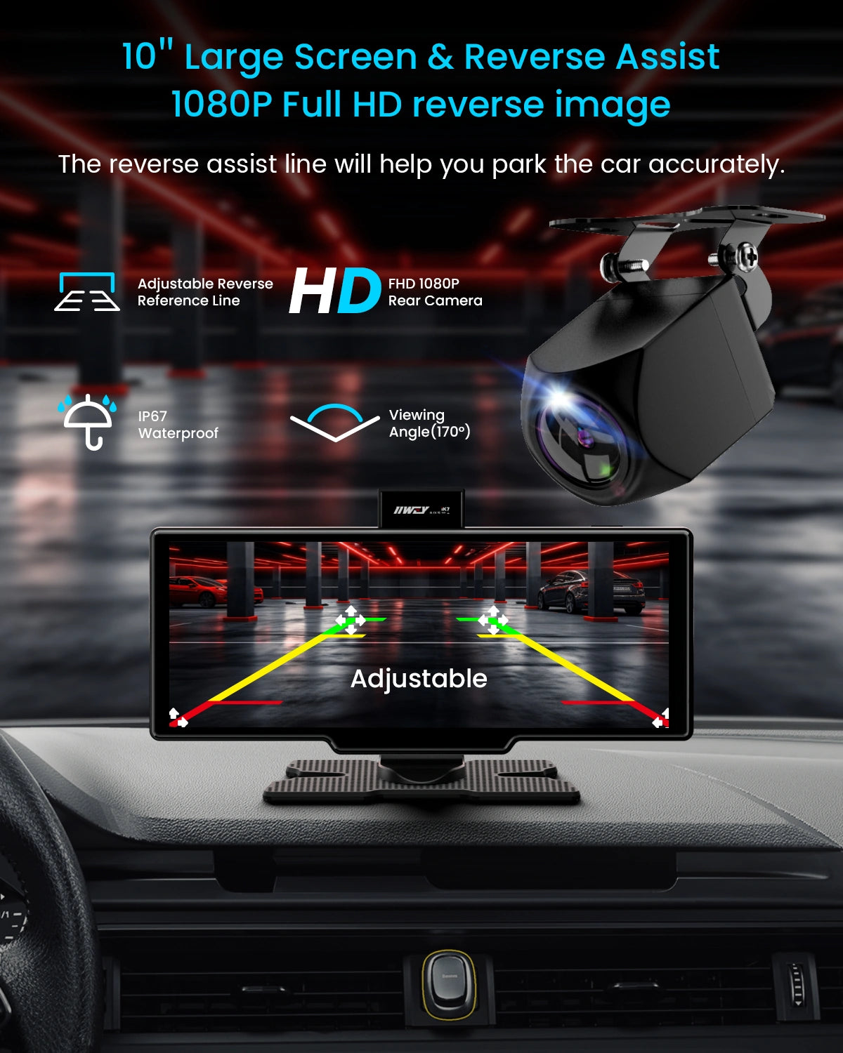 IIWEY 10" Portable Apple CarPlay Screen with Wireless Android Auto, 4K Dash Cam & 1080P Backup Camera