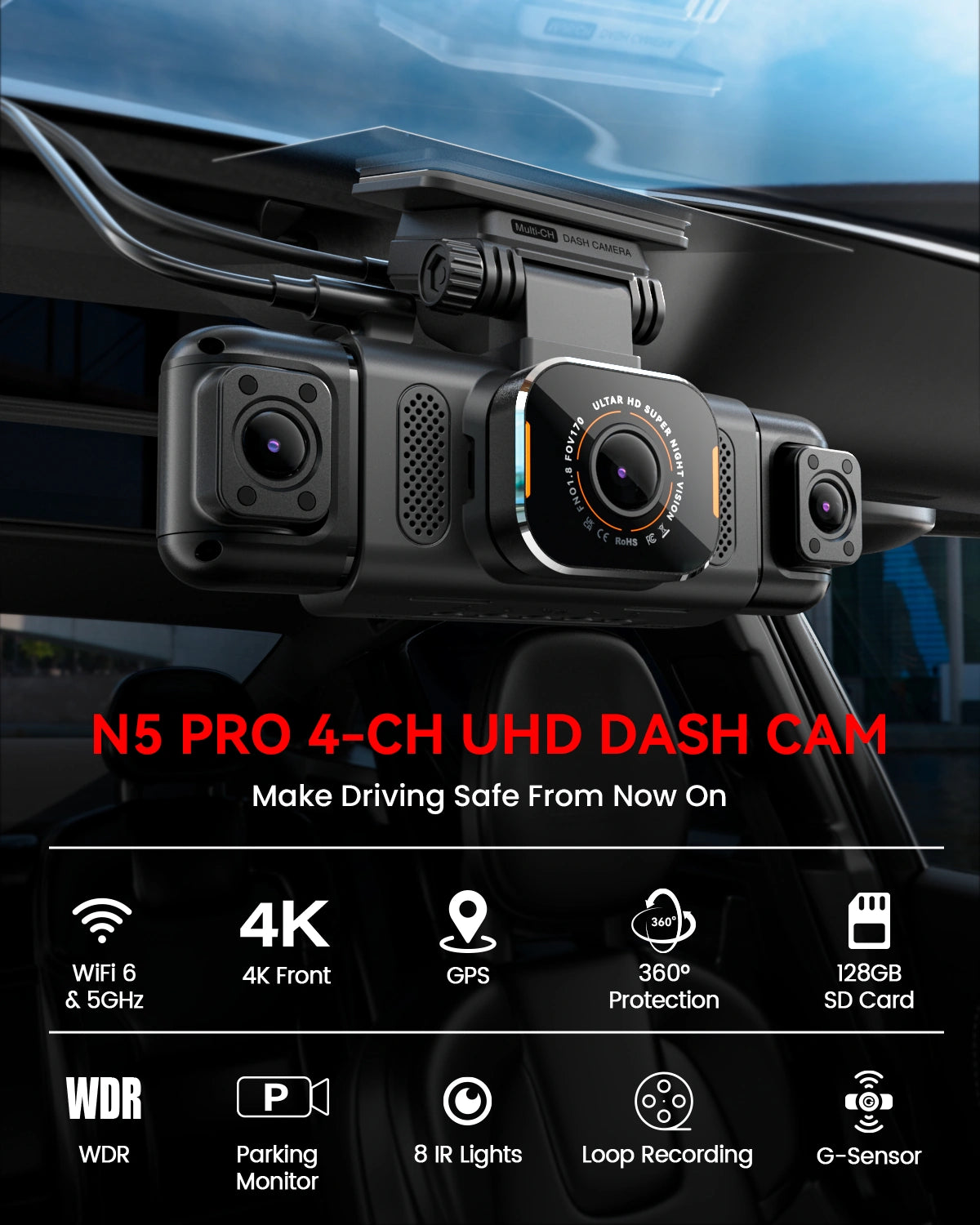 IIWEY N5 Pro 4K 4-Channel Dash Cam with 360° View, WiFi 6, GPS & Night Vision