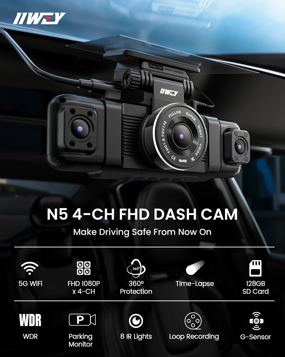 IIWEY N5 4-Channel Dash Cam with 360° View, Night Vision & Free 128GB SD Card
