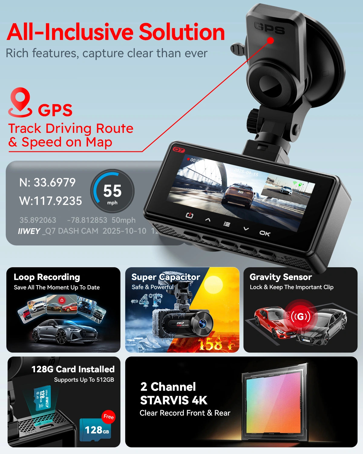 IIWEY Q7 Dual 4K Front and Rear Dash Cam with STARVIS, WiFi 6, GPS & 128GB SD Card