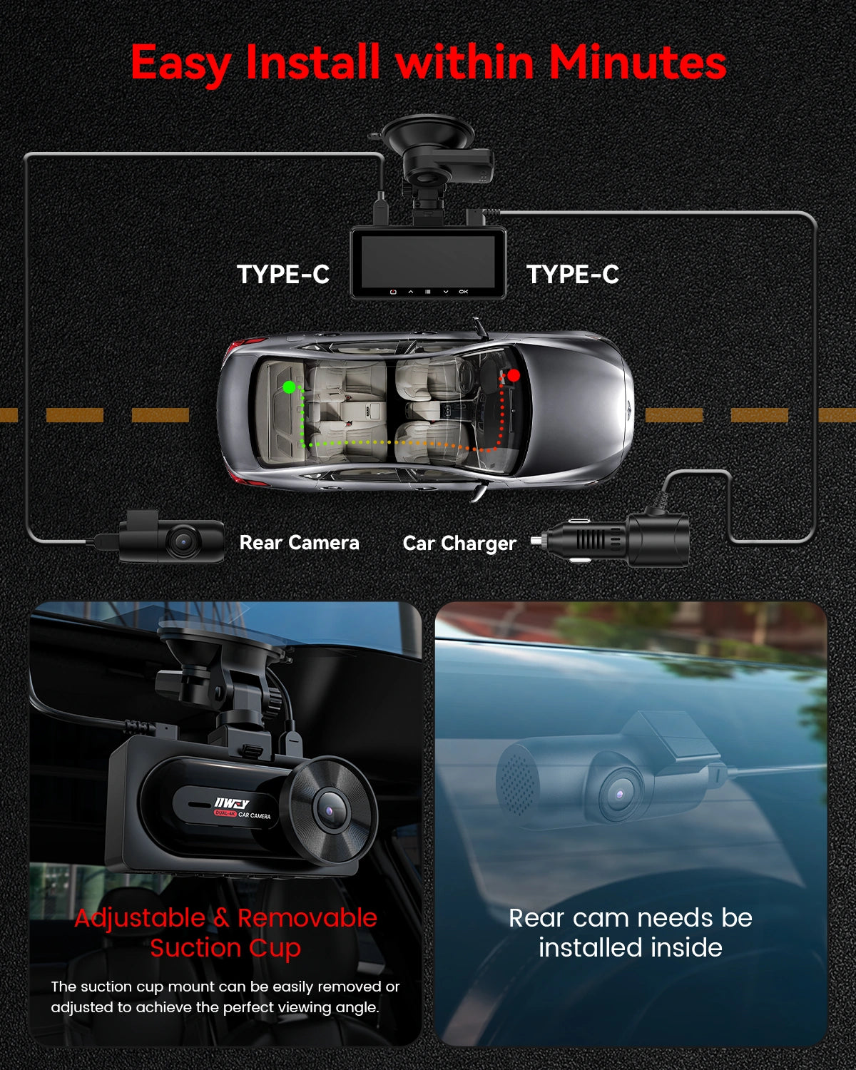 IIWEY Q7 Dual 4K Front and Rear Dash Cam with STARVIS, WiFi 6, GPS & 128GB SD Card